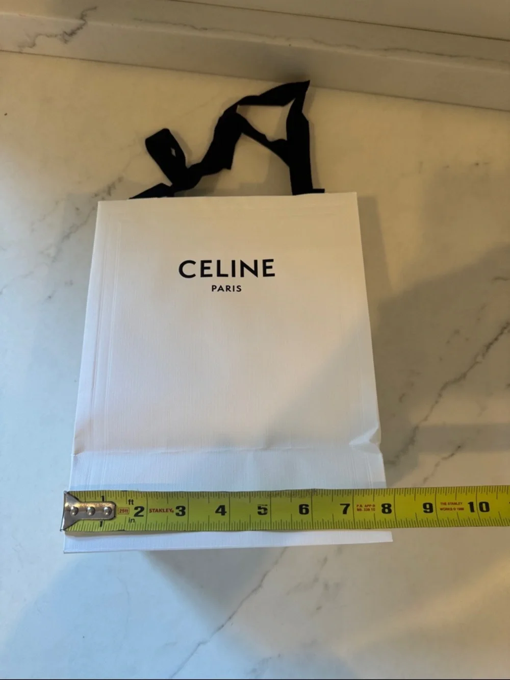 Celine White Shopping Bag with Black Ribbon Handles 10x8x5
